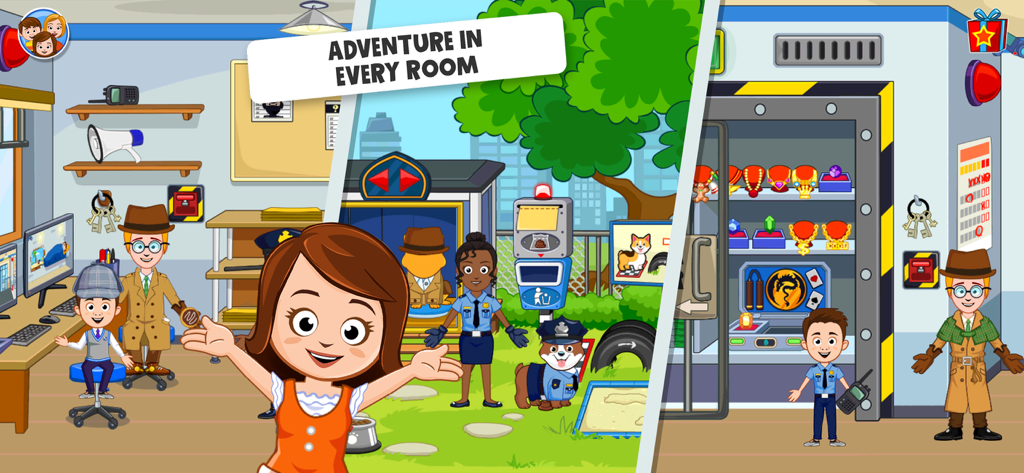 Collage of different interactive rooms and characters within the My Town Police digital dollhouse game