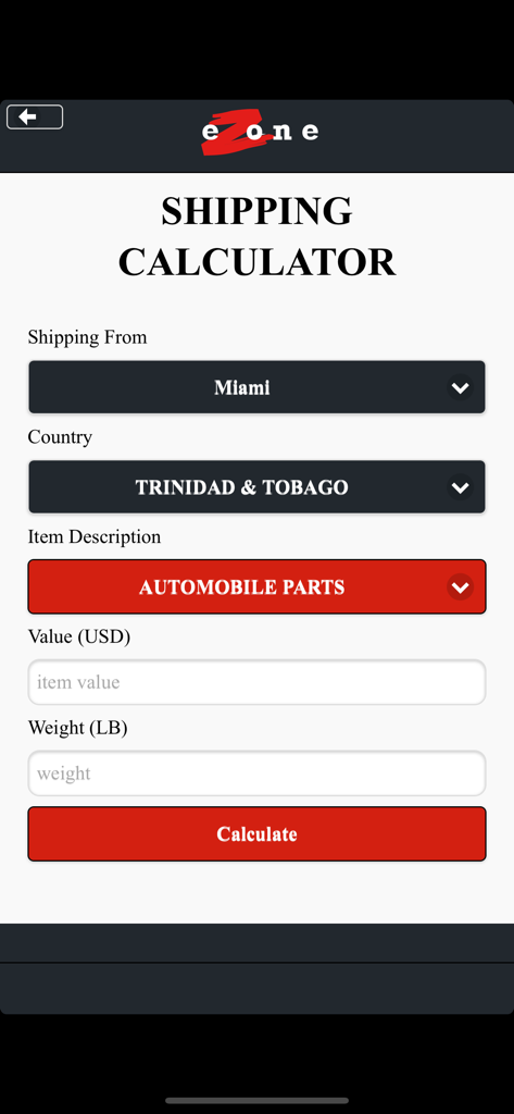 eZone App - eZone mobile app shipping calculator screen for estimating freight costs
