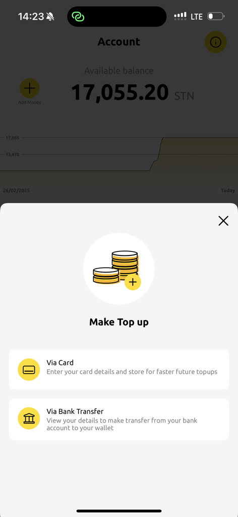 SaoWallet - SaoWallet mobile app interface showing account balance and top up options via card and bank transfer