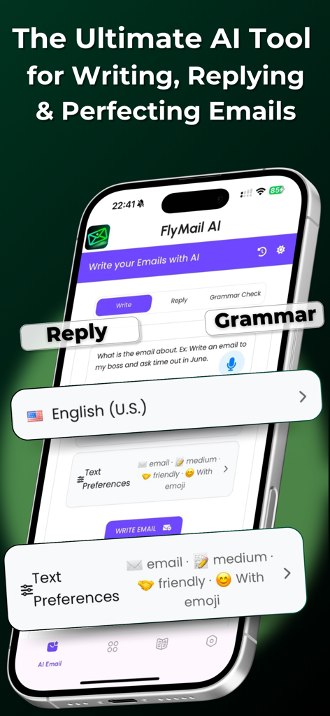 Fly AI Email Generator - Interface of FlyMail AI app for writing and replying to emails on iPhone