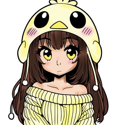 anime girl with chick shaped hat with sweater with bare shoulders with bangs covering them one eye with low tail