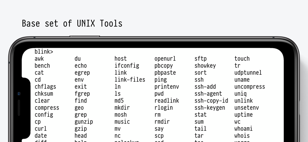 Blink Shell, Build & Code - Blink Shell App-Oberfläche, die eine umfassende Liste unterstützter grundlegender UNIX-Tools und Terminalbefehle auf einem Smartphone anzeigt.