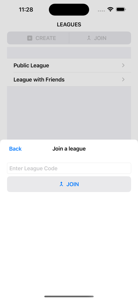 Euro Predictor - Euro Predictor app interface showing the join a league screen with a code input field
