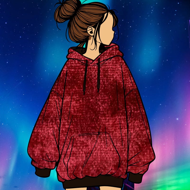 realistic girl with a oversized sweatshirt on and a bun