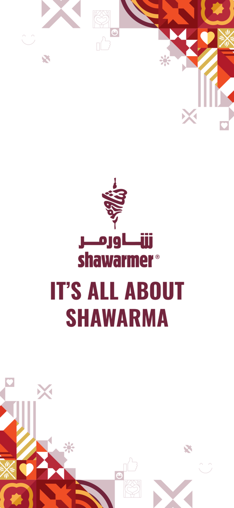 Shawarmer app introduction screen featuring the logo and tagline It is all about shawarma