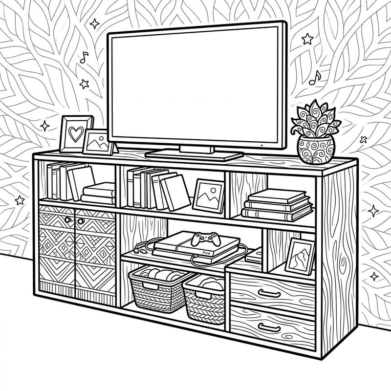 Dive into the intricate world of home decor with this detailed TV stand and media center coloring page. Perfect for designing your ideal entertainment space, it offers hours of relaxing and creative fun.