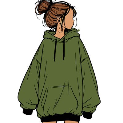 realistic girl with a oversized sweatshirt on and a bun