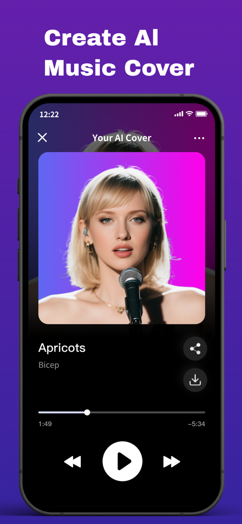 Voicely : Ringtone & AI Voice - Smartphone screen showing the Voicely app interface for creating and playing an AI music cover with a song playback bar and share buttons