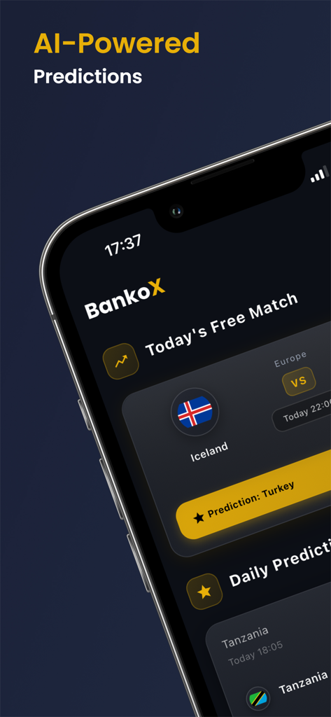 BankoX: Soccer Betting Tips - Pantalla de la aplicación móvil BankoX que muestra predicciones de partidos de fútbol impulsadas por IA y consejos de apuestas gratuitos diarios