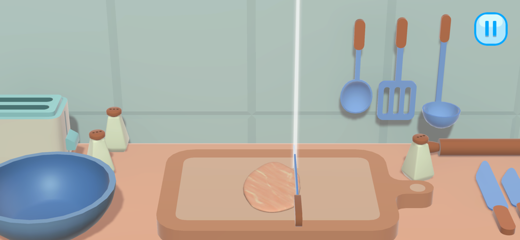 Cooking Time! - Una escena de cocina digital de la aplicación ¡Hora de Cocinar! que muestra un trozo de carne siendo cortado en una tabla de cortar.