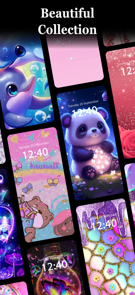 Glitter & Girly Wallpapers 4k - A collection of cute and aesthetic wallpapers featuring a panda, dolphin, and kawaii characters for iPhone lock screens