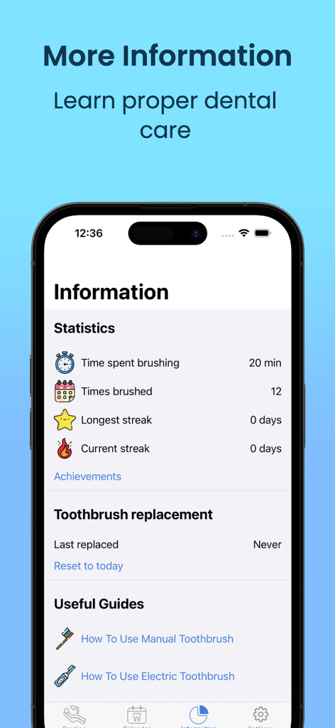 Brushout - Brushout app screen displaying brushing statistics and dental care guides.
