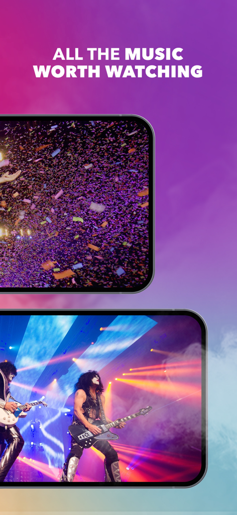 Qello Concerts & Documentaries - Live rock concert performance by KISS and a crowd scene on the Qello Concerts app interface