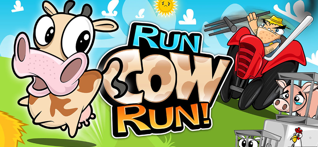 Run Cow Run - Cartoon cow escaping from an angry farmer on a red tractor in the Run Cow Run mobile game title screen