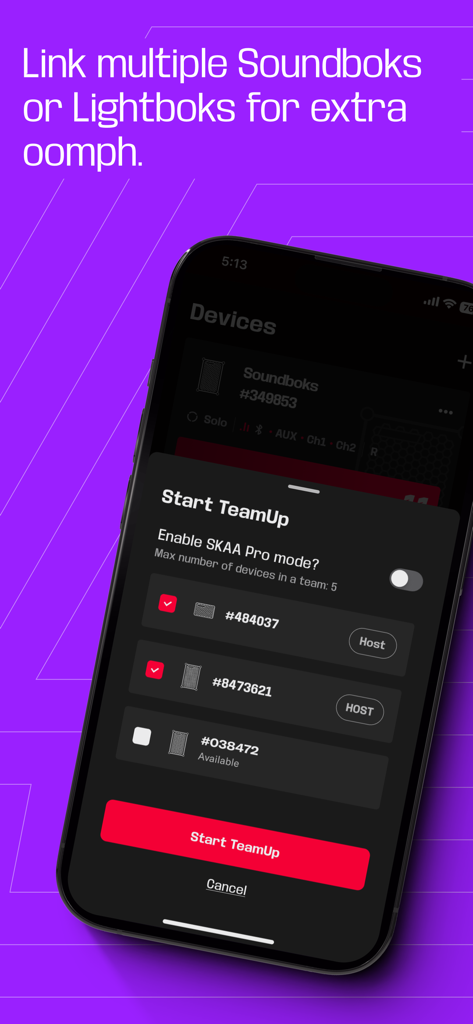 SOUNDBOKS - Soundboks app interface showing the TeamUp feature to link multiple speakers and lights.