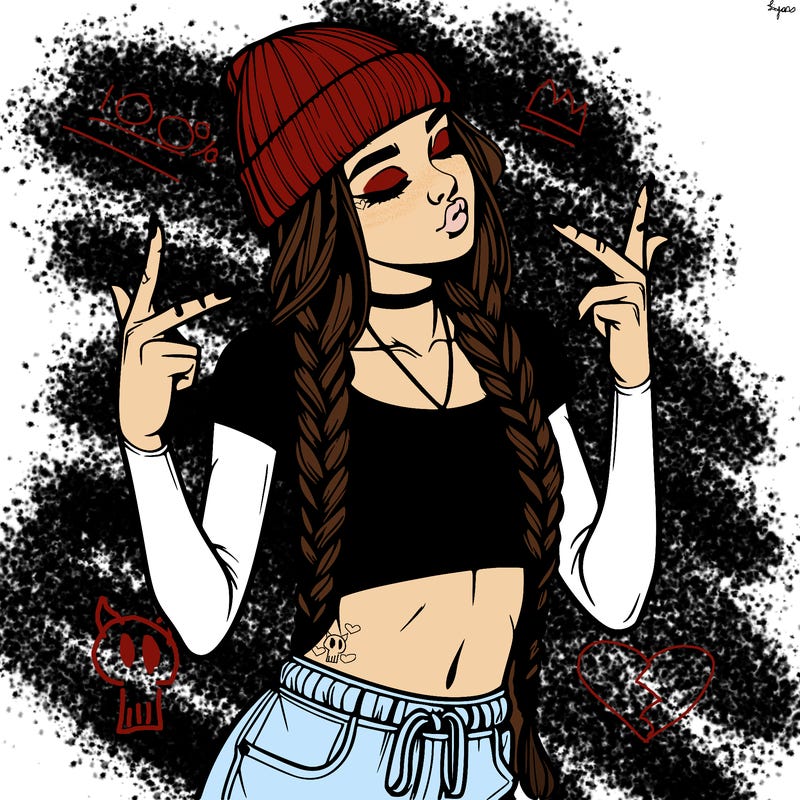 realistic teenage girl with braids and a beanie and crop top doing 🫶🏼