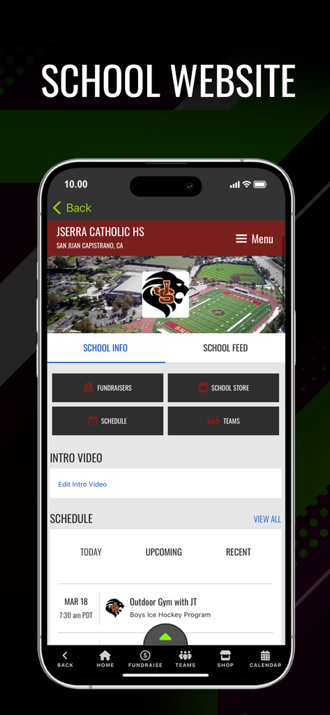 Blast Athletics - Mobile view of the Blast Athletics school website profile featuring sports schedules, team information, and fundraising sections for a high school.