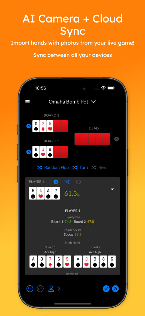 Poker Geek Odds Pro - Poker Geek Odds Pro app interface showing Omaha Bomb Pot equity calculation for two boards