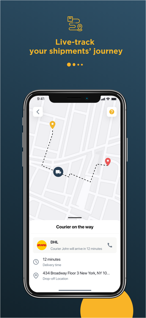 iCARRY - Mobile app interface for iCARRY showing live shipment tracking on a map with courier arrival time