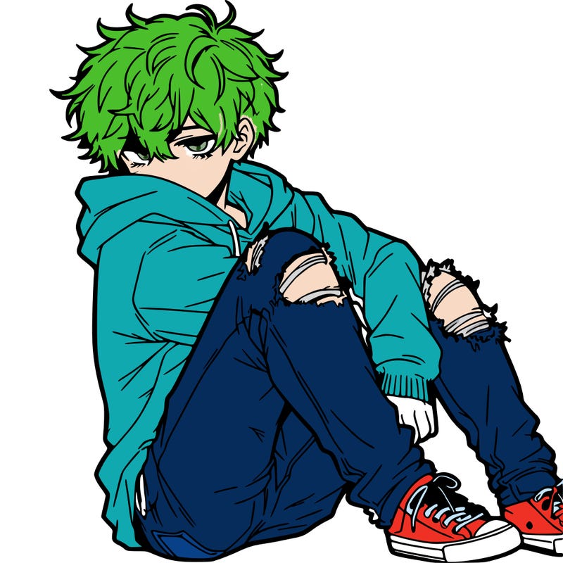 a male hoddie ripped jeans messy hair anime