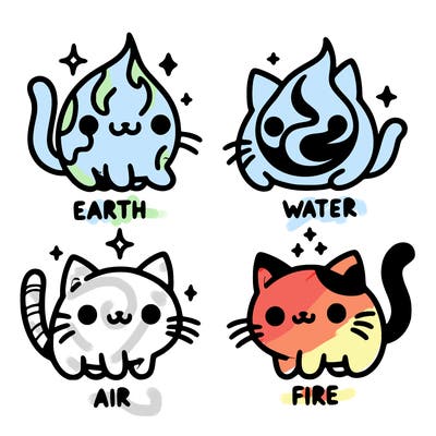 4 cats that represent the different elements, earth, water, air, and fire