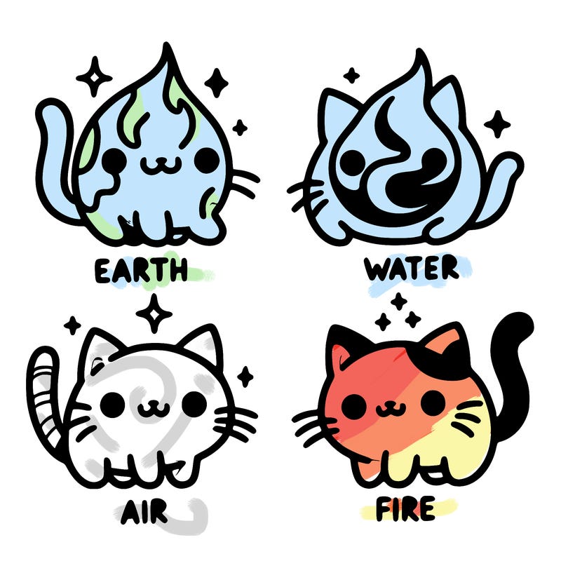 4 cats that represent the different elements, earth, water, air, and fire