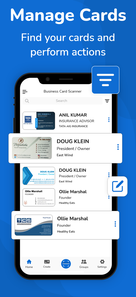 Business Card Scanner + Reader - A mobile phone screen displaying the Manage Cards feature of the Business Card Scanner app with a list of digitized contacts.