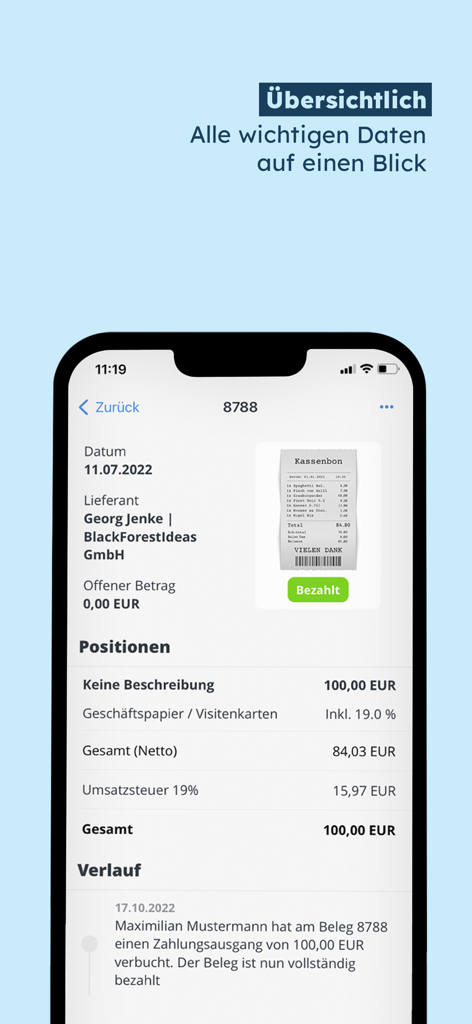 sevDesk - L'application sevDesk affiche un reçu scanné contenant des informations comptables et de paiement détaillées.