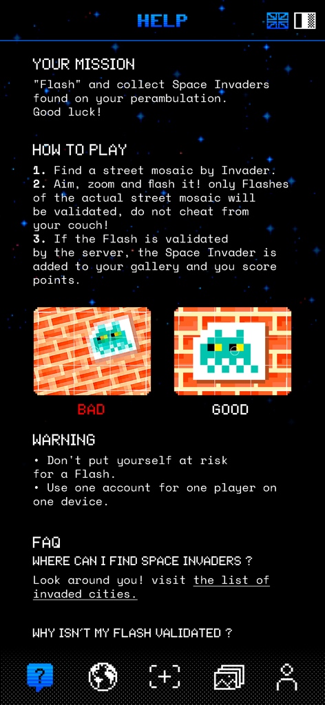 FlashInvaders - Écran d'aide de l'application FlashInvaders expliquant comment trouver et scanner des mosaïques d'art urbain avec des exemples visuels.