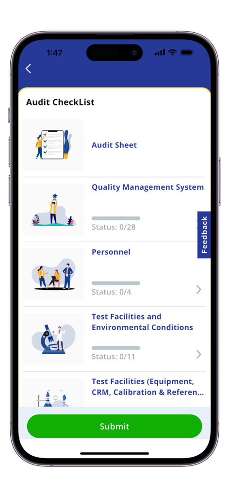 BIS Lab Audit - Audit Checklist screen in the BIS Lab Audit app displaying various audit categories and their completion status.