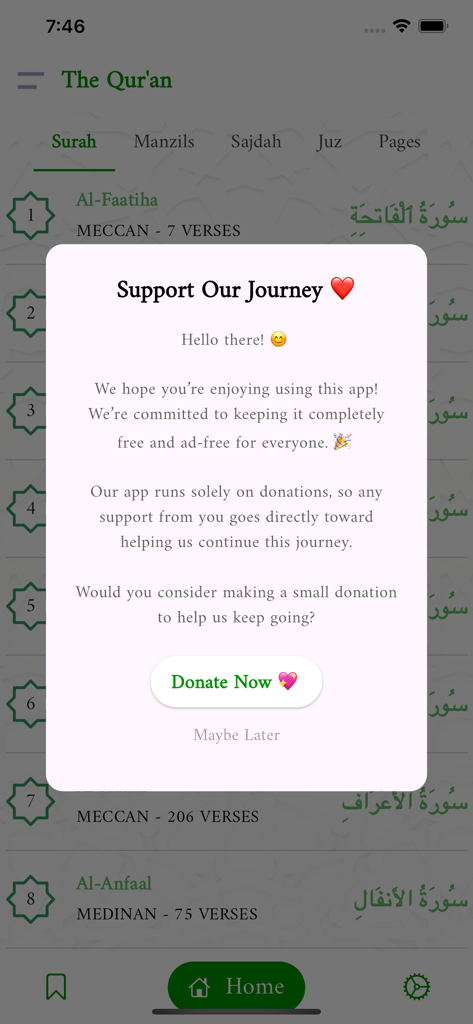 Al Quran Multilingual - Support Our Journey donation popup on the Al Quran Multilingual app surah list screen.