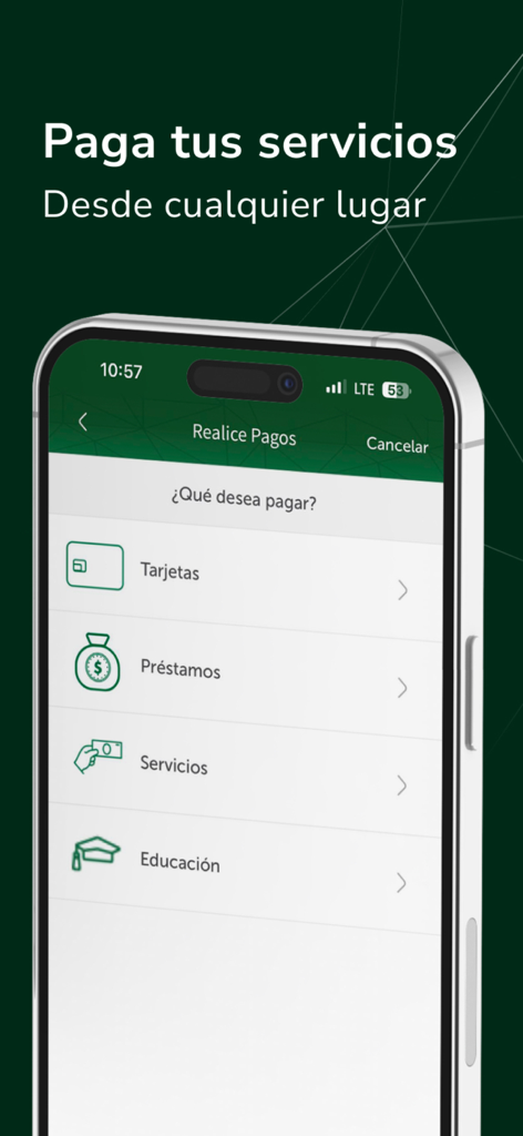 Interfaz de la aplicación Banca Móvil Banpro mostrando opciones para pagar tarjetas, préstamos, servicios y educación