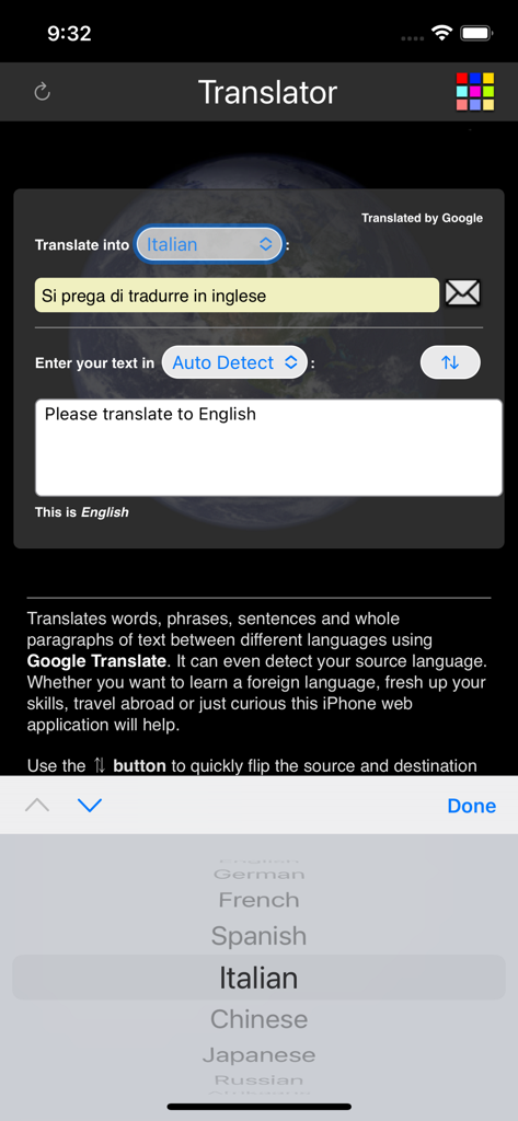Interface of the Language Translator app showing a text translation from English to Italian