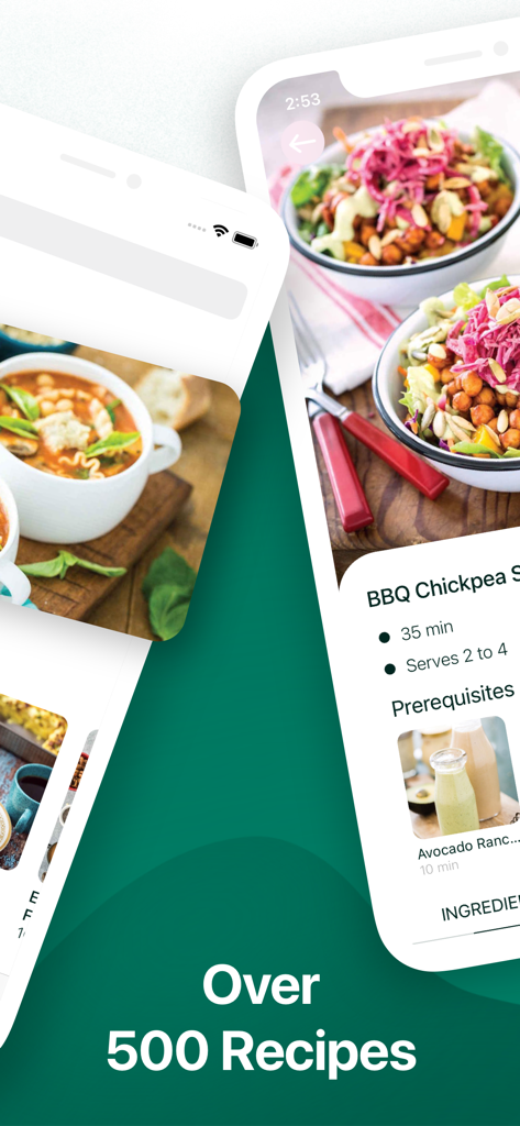 Oberfläche der mobilen App Simple Vegan, die ein BBQ-Kichererbsen-Salat-Rezept und eine Sammlung von über 500 pflanzlichen Gerichten anzeigt