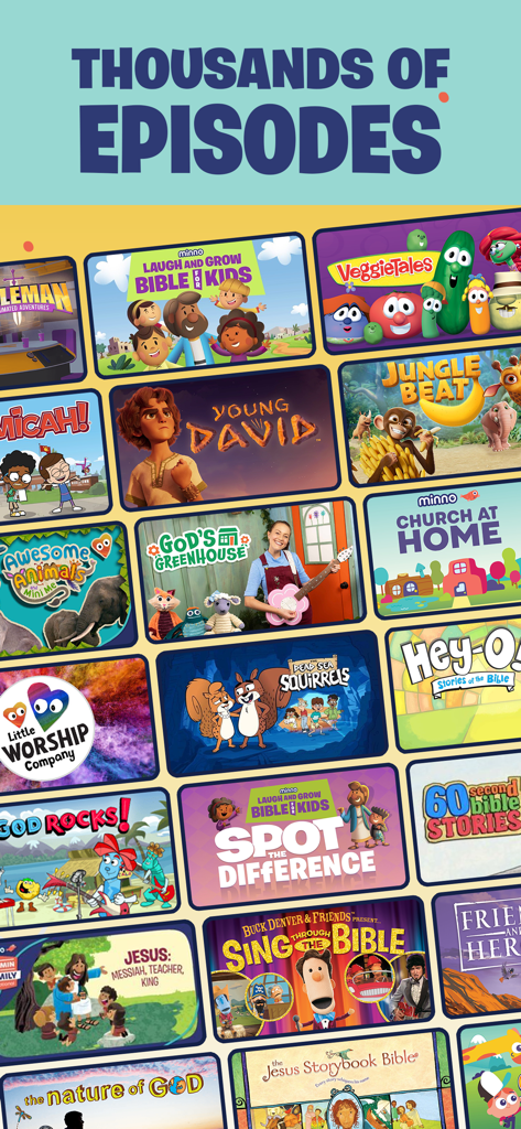 A grid of thumbnails for various Christian kids shows on the Minno app