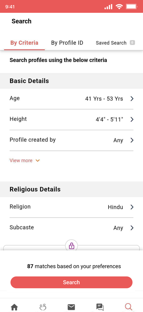 DivorceeMatrimony - Search interface of the DivorceeMatrimony app showing criteria filters for matches like age height and religion