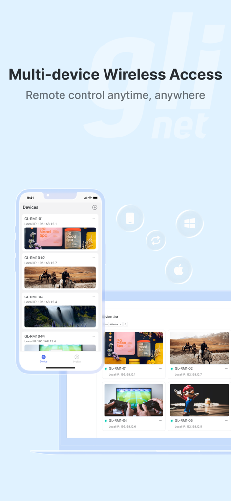 GLKVM - GLKVM mobile app interface showing a list of remote devices for wireless access and control across multiple platforms.