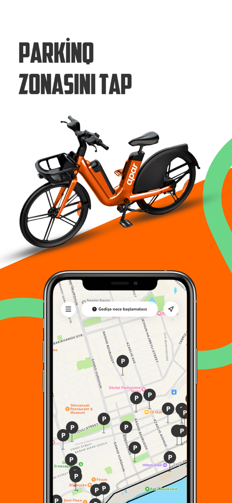 Apar - Eco-Transport Solution - Apar app interface showing a city map with bicycle parking locations and an orange electric bike
