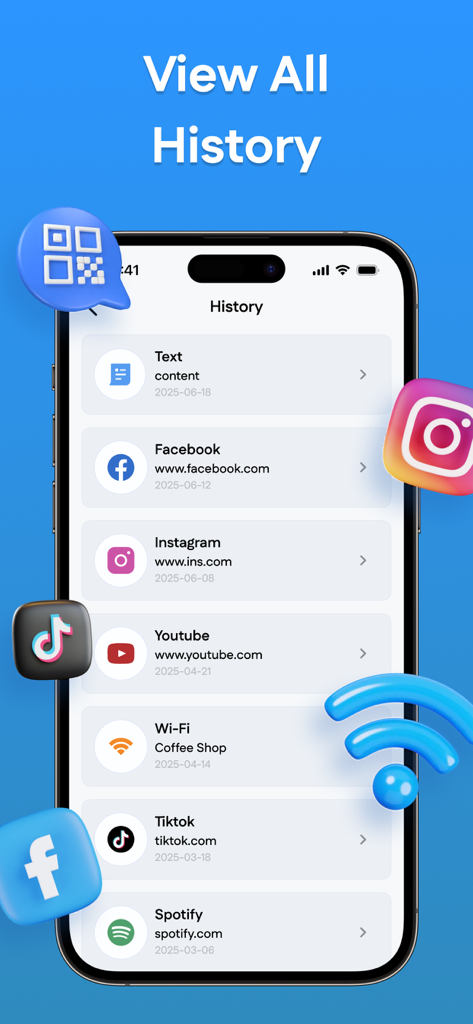 A mobile screen showing the scan history of the EasyQR Code Scan app with entries for social media links and WiFi networks.