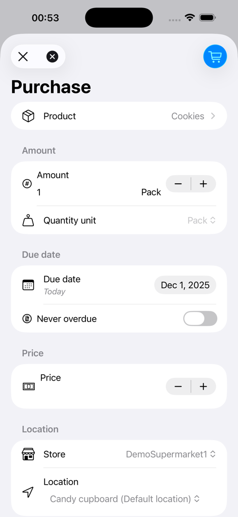 Grocy Mobile - Grocy Mobile app interface for recording a product purchase with quantity due date and storage location details