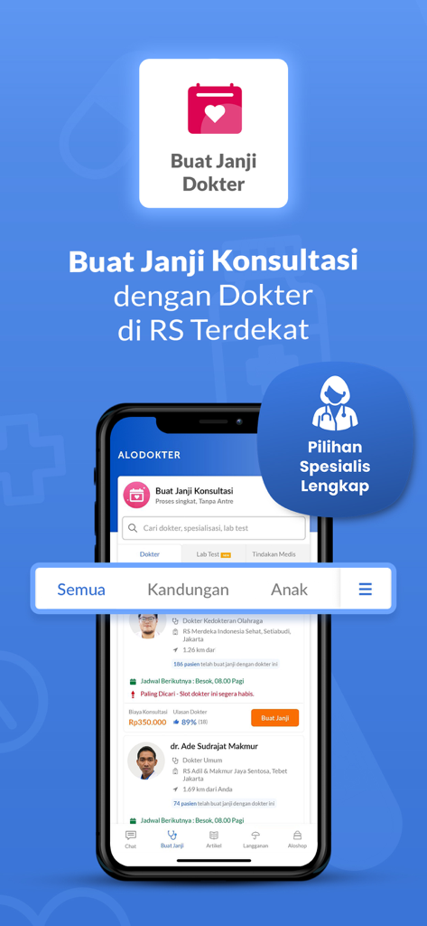 Alodokter: Chat Bersama Dokter - Alodokter app screen showing doctor consultation booking features for Indonesian hospitals
