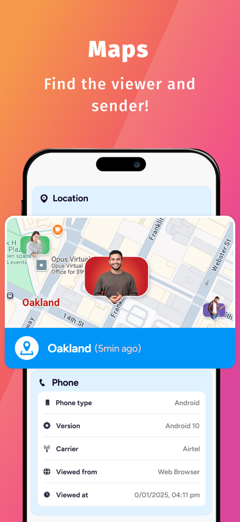 IMHO™: Honest Q&A with friends - Una captura de pantalla de la aplicación IMHO que muestra una función de mapa con avatares y un panel de detalles del teléfono que revela el tipo de dispositivo y la ubicación de un espectador