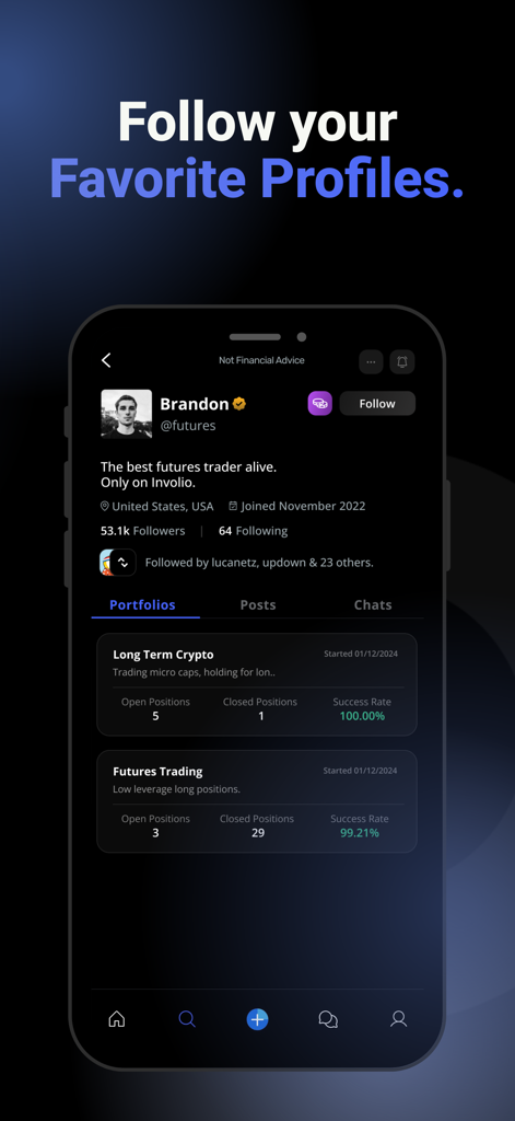 involio - Involio app interface displaying a verified trader profile with investment portfolio metrics