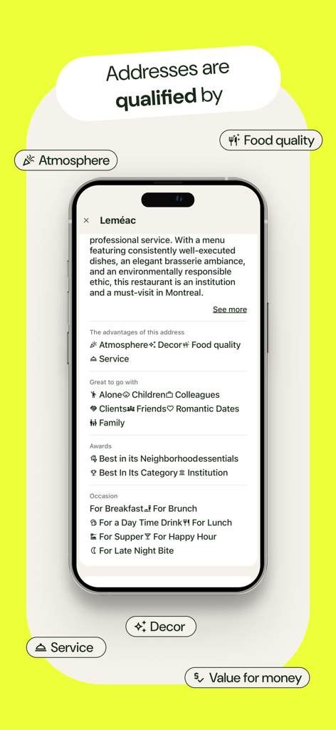 Oberfläche der Tastet+ App, die Restaurant-Qualitätskriterien wie Atmosphäre, Lebensmittelqualität und Dekor für ein Montrealer Bistro zeigt.