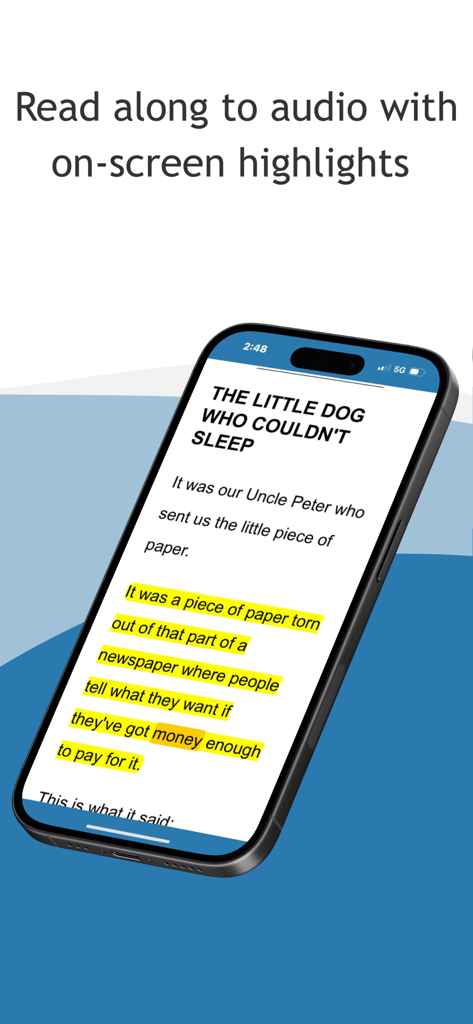 Dolphin EasyReader app showing text with yellow highlights for audio read-along.