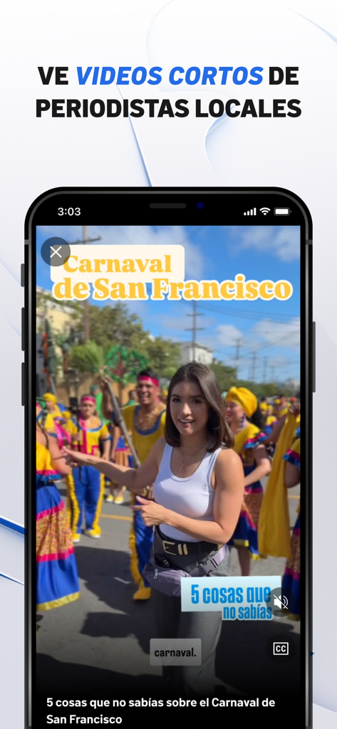 Pantalla de smartphone mostrando videos de noticias cortas de Telemundo 48 sobre el Carnaval de San Francisco.