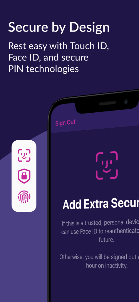 Smartphone screen showing biometric security options like Face ID and Touch ID for the OnBoard Meetings app.