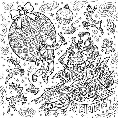 Journey to a festive galaxy far, far away with this extraordinary Space & Sci-Fi Christmas coloring page. Watch as astronauts bring holiday cheer to the cosmos, decorating spaceships and planets with yuletide spirit.