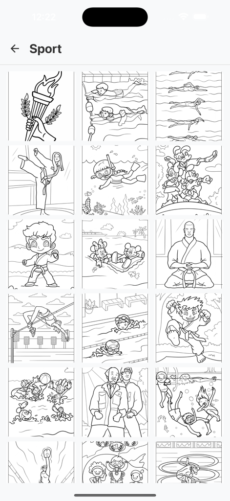 AR Drawing Sketch & Trace - Una biblioteca de bocetos de arte lineal con temática deportiva para trazar incluyendo natación, artes marciales y símbolos olímpicos