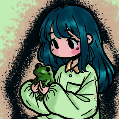 girl with long hair and a oversized shirt. and she is holding a frog